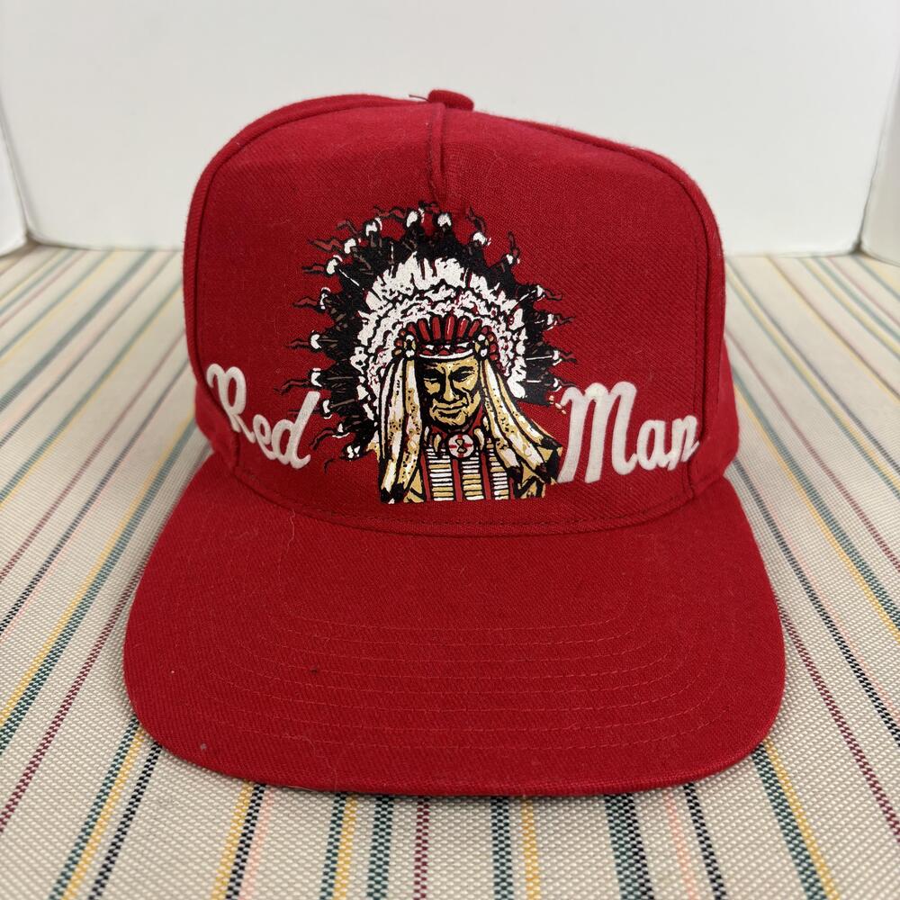 Vintage Red Man San Sun Hat Cap Fitted Mens 7 1/4 Red Twill Chief Graphic GUC